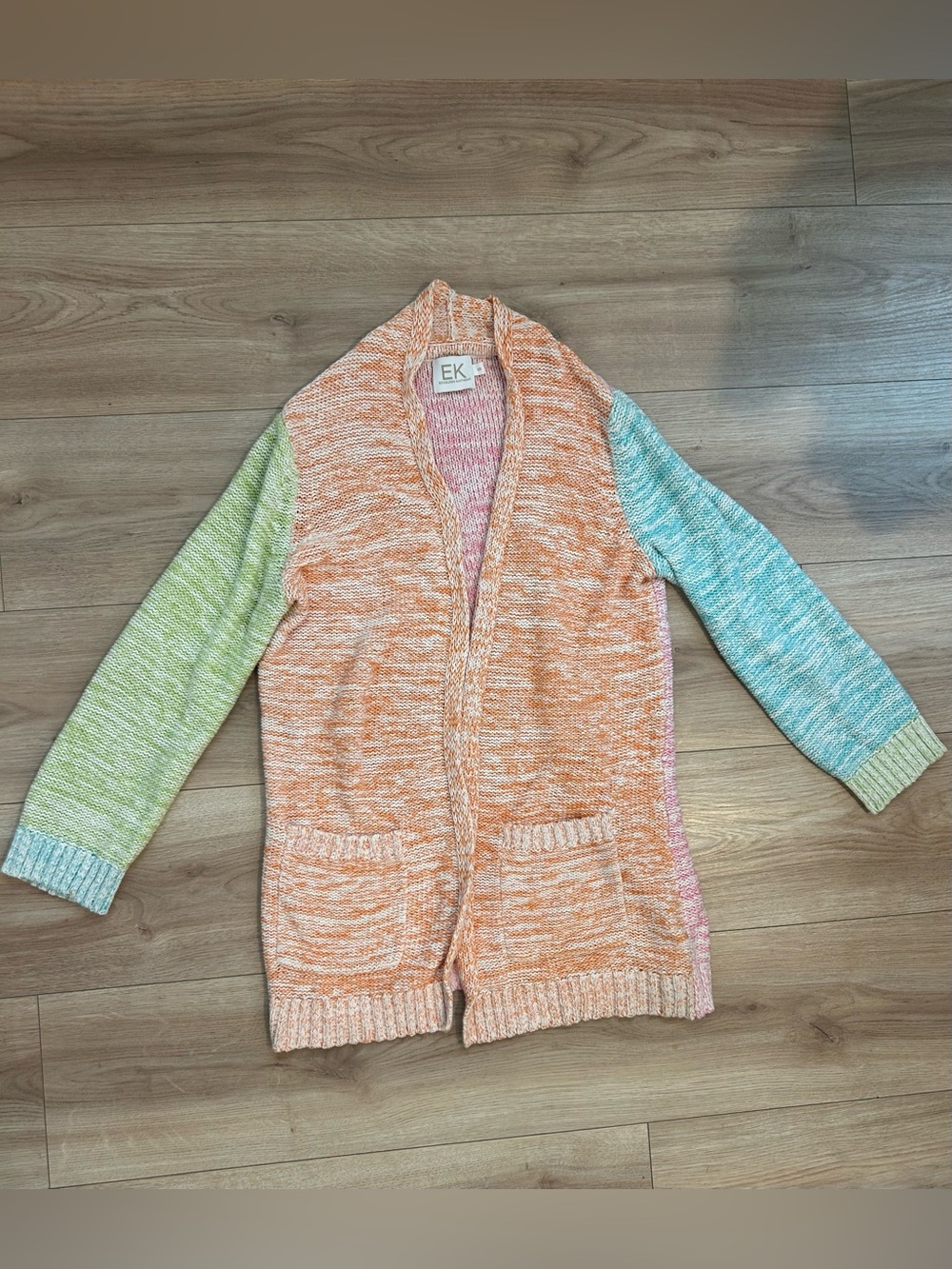 Open-Front Marled Cardigan Sweater in Orange with Green & Blue Sleeves
